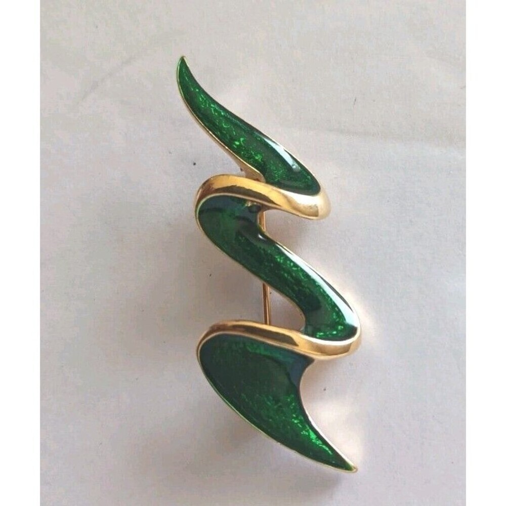 Vintage Abstract 80s Artistic Swirl Brooch Pin Forest Green Gold Tone